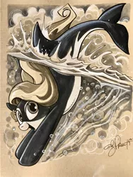 Size: 1536x2048 | Tagged: artist:andypriceart, bubble, cloud, commission, derpibooru import, everfree northwest, merpony, monochrome, oc, oc:marina (efnw), open mouth, orca, orca pony, original species, safe, signature, smiling, solo, traditional art, underwater, water, watercolor painting
