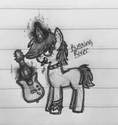 Size: 1934x2046 | Tagged: safe, artist:modocrisma, derpibooru import, oc, oc:running river (modocrisma), unofficial characters only, pony, unicorn, alternate universe, au:lbau, aura, biting, blank flank, choker, doodle, electric guitar, female, freckles, grin, guitar, guitar pick, hair tie, horn, lesbian, levitation, lined paper, looking at you, magic, mare, monochrome, mouth hold, musical instrument, musician, pencil drawing, photo, scrunchie, short hair, smiling, solo, telekinesis, traditional art, watermark