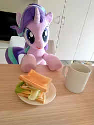 Size: 768x1024 | Tagged: safe, artist:nekokevin, derpibooru import, starlight glimmer, pony, unicorn, series:nekokevin's glimmy, chair, female, food, irl, mare, mug, open mouth, photo, plushie, sandwich, sitting, smiling, underhoof