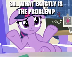 Size: 1349x1077 | Tagged: alicorn, caption, cropped, derpibooru import, edit, edited screencap, floppy ears, image macro, meme, question, safe, screencap, shrug, sitting, slouching, solo, sparkle's seven, text, throne, twilight sparkle, twilight sparkle (alicorn), written equestrian