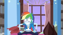 Size: 1600x900 | Tagged: safe, derpibooru import, screencap, rainbow dash, equestria girls, equestria girls series, holidays unwrapped, spoiler:eqg series (season 2), curtains, eye bag, faic, grin, pillow, smiling, tired, window