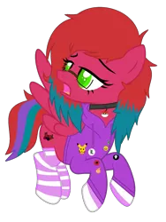 Size: 1496x1992 | Tagged: safe, artist:lazuli, artist:rukemon, derpibooru import, oc, oc:berī softly, unofficial characters only, pegasus, pikachu, pony, badge, base used, clothes, female, flying, glasses, hoodie, mare, multicolored hair, open mouth, pin, pokéball, pokémon, raised hoof, raised leg, simple background, socks, solo, striped socks, transparent background, weeaboo