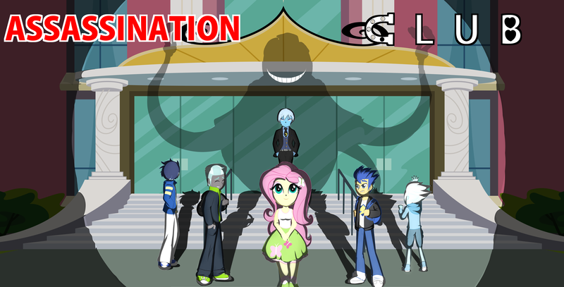 Size: 6202x3156 | Tagged: safe, artist:thespiritshift, derpibooru import, flash sentry, fleetfoot, fluttershy, soarin', thunderlane, equestria girls, anime crossover, assassination classroom, canterlot high, commission, crossover, equestria girls-ified, korosensei, nagisa shiota, school