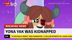 Size: 715x397 | Tagged: abuse, abuse edit, background pony strikes again, black eye, breaking news, break your own news, derpibooru import, edit, edited screencap, kidnapped, screencap, semi-grimdark, she's all yak, solo, yona, yonabuse