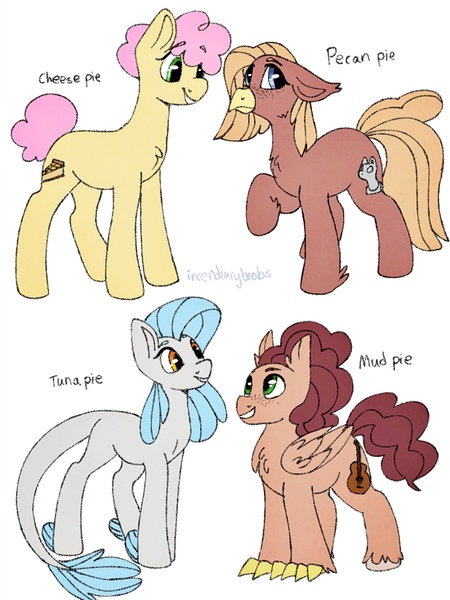 Size: 1536x2047 | Tagged: safe, artist:incendiaryboobs, derpibooru import, li'l cheese, oc, oc:mud pie, oc:pecan pie, oc:tuna pie, hippogriff, hybrid, pony, the last problem, female, interspecies offspring, magical lesbian spawn, male, offspring, older, parent:cheese sandwich, parent:pinkie pie, parent:princess skystar, parents:cheesepie, parents:skypie, simple background, white background