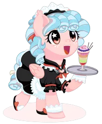 Size: 1802x2200 | Tagged: safe, artist:musicfirewind, derpibooru import, cozy glow, pegasus, pony, clothes, commission, cozybetes, cuffs (clothes), cute, drink, female, filly, maid, open mouth, smiling, solo, starry eyes, tray, weapons-grade cute, wingding eyes, ych result