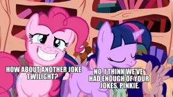 Size: 960x540 | Tagged: caption, derpibooru import, edit, edited screencap, friendship is magic, golden oaks library, grin, image macro, joker (2019), pinkie pie, reference, safe, screencap, smiling, text, this will end in death, twilight sparkle