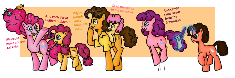 Size: 2100x700 | Tagged: safe, artist:star-charm, derpibooru import, cheese sandwich, li'l cheese, pinkie pie, oc, oc:cherry frosting, oc:color flare, oc:sugar plum, pony, the last problem, cheesepie, family, female, male, offspring, older, older cheese sandwich, older pinkie pie, parent:cheese sandwich, parent:pinkie pie, parents:cheesepie, shipping, straight