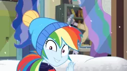 Size: 1600x900 | Tagged: safe, derpibooru import, screencap, princess celestia, rainbow dash, equestria girls, equestria girls series, holidays unwrapped, spoiler:eqg series (season 2), bookshelf, clothes, hat, lockers, peeping, principal celestia, principal luna, snow, toque, window, winter outfit