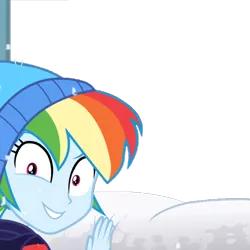 Size: 655x655 | Tagged: safe, derpibooru import, edit, edited screencap, screencap, rainbow dash, equestria girls, equestria girls series, holidays unwrapped, spoiler:eqg series (season 2), background removed, clothes, cropped, female, hat, simple background, snow, solo, toque, transparent background, window, winter outfit