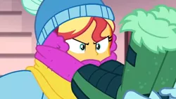 Size: 1600x900 | Tagged: safe, derpibooru import, screencap, sunset shimmer, equestria girls, equestria girls series, holidays unwrapped, spoiler:eqg series (season 2), boots, clothes, covered, gloves, hat, scarf, shoes, solo, stuffed, thick, toque