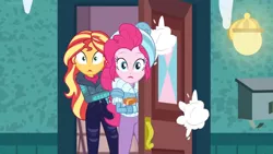 Size: 1600x900 | Tagged: safe, derpibooru import, screencap, pinkie pie, sunset shimmer, equestria girls, equestria girls series, holidays unwrapped, spoiler:eqg series (season 2), clothes, coat, hat, jacket, lantern, mailbox, snow, snowball, toque, winter outfit