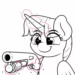 Size: 2048x2048 | Tagged: safe, artist:ljdamz1119, derpibooru import, twilight sparkle, twilight sparkle (alicorn), alicorn, pony, female, gun, magic, mare, shotgun, smiling, telekinesis, vibe check, weapon