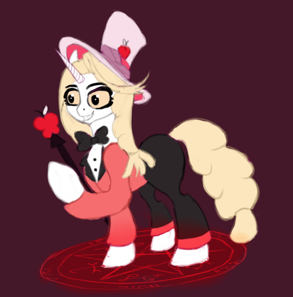 Size: 1064x1080 | Tagged: safe, artist:mitya1260, derpibooru import, ponified, pony, unicorn, charlie (hazbin hotel), hat, hazbin hotel, pentagram