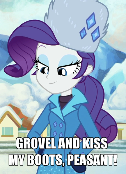 Size: 650x900 | Tagged: safe, derpibooru import, edit, edited screencap, screencap, rarity, equestria girls, equestria girls series, holidays unwrapped, spoiler:eqg series (season 2), caption, clothes, coat, cropped, female, grovelling, hat, image macro, lidded eyes, mittens, peasant, rarity's winter hat, solo, text, winter coat