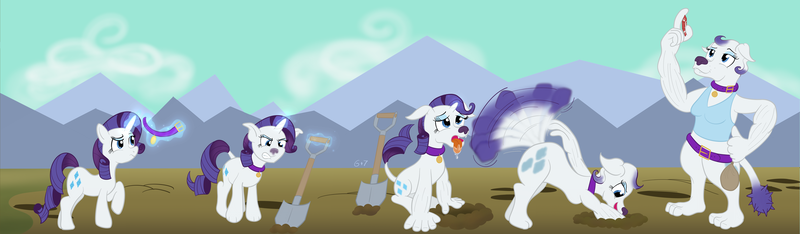 Size: 6400x1872 | Tagged: safe, artist:sixes&sevens, derpibooru import, rarity, diamond dog, pony, unicorn, belt, clothes, cloud, collar, diamond dogified, drool, faded cutie mark, female, gem, magic, mountain, mountain range, outdoors, raridog, scenery, shovel, species swap, story included, tail wag, tanktop, telekinesis, tongue out, transformation, transformation sequence