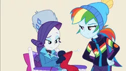 Size: 1920x1080 | Tagged: safe, derpibooru import, screencap, rainbow dash, rarity, equestria girls, equestria girls series, holidays unwrapped, spoiler:eqg series (season 2), blizzard or bust, chair, clothes, cute, duo, duo female, female, hat, jacket, knitting, knitting needles, mittens, raribetes, rarity's winter hat, sitting, toque, winter coat, winter hat, winter outfit
