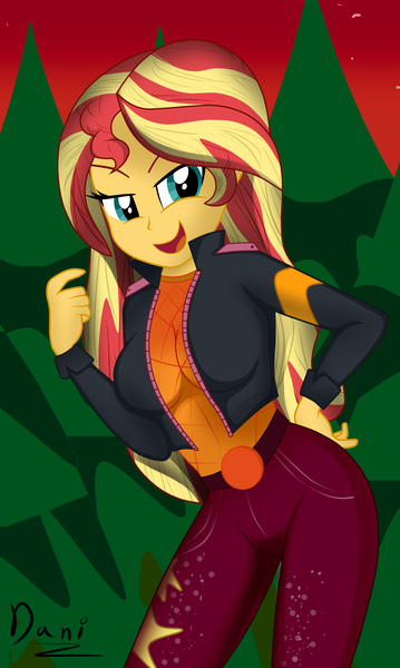 Size: 1865x3119 | Tagged: safe, artist:danielitamlp, derpibooru import, sunset shimmer, equestria girls, equestria girls series, sunset's backstage pass!, spoiler:eqg series (season 2), breasts, busty sunset shimmer, clothes, female, hand on hip, jacket, looking at you, open mouth, pants, smiling, solo, tree