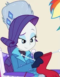 Size: 737x937 | Tagged: safe, derpibooru import, screencap, rainbow dash, rarity, equestria girls, equestria girls series, holidays unwrapped, spoiler:eqg series (season 2), chair, clothes, cropped, cute, female, gloves, jacket, jewelry, knitting, lidded eyes, mittens, raised eyebrow, raribetes, rarity's winter hat, sitting, smiling, winter coat, winter hat