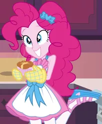 Size: 857x1045 | Tagged: safe, derpibooru import, screencap, pinkie pie, equestria girls, equestria girls series, holidays unwrapped, spoiler:eqg series (season 2), apron, bow, clothes, cropped, cute, female, food, gloves, hair bow, kitchen, oven mitts, pantyhose, raised eyebrows, raised leg, ramekin, sandals, saving pinkie's pie, shirt, skirt, sleeveless, sleeveless shirt, smiling, solo, souffle