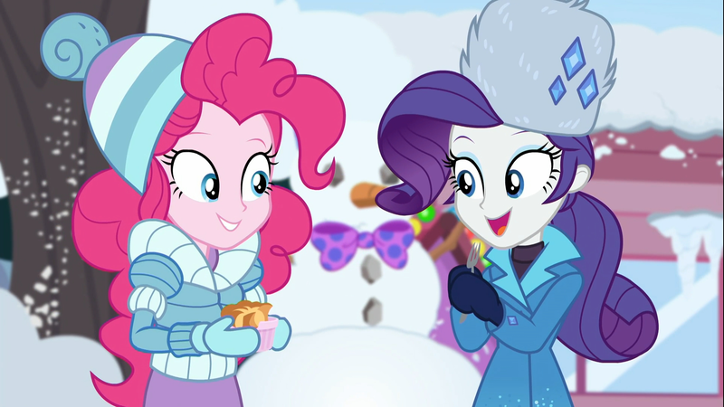 Size: 1920x1080 | Tagged: safe, derpibooru import, screencap, pinkie pie, rarity, equestria girls, equestria girls series, holidays unwrapped, spoiler:eqg series (season 2), bowtie, clothes, coat, cute, diapinkes, duo, duo female, female, food, fork, happy, hat, jacket, mittens, outdoors, ramekin, raribetes, rarity's winter hat, saving pinkie's pie, smiling, snow, snowman, souffle, toque, winter coat, winter hat, winter outfit