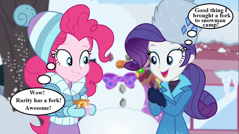 Size: 1280x720 | Tagged: safe, derpibooru import, edit, edited screencap, screencap, pinkie pie, rarity, equestria girls, equestria girls series, holidays unwrapped, spoiler:eqg series (season 2), bow, carrot, clothes, coat, comic, food, fork, hat, mittens, rarity's winter hat, rock, snowman, souffle, text, thought bubble, toque, window