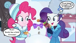 Size: 1280x720 | Tagged: safe, derpibooru import, edit, edited screencap, screencap, pinkie pie, rarity, equestria girls, equestria girls series, holidays unwrapped, spoiler:eqg series (season 2), bow, carrot, clothes, coat, comic, food, fork, hat, mittens, rarity's winter hat, rock, snowman, souffle, text, thought bubble, toque, window