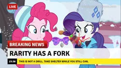 Size: 1280x720 | Tagged: safe, derpibooru import, edit, edited screencap, screencap, pinkie pie, rarity, equestria girls, equestria girls series, holidays unwrapped, spoiler:eqg series (season 2), arrow, break your own news, breaking news, evil, fork, meme, text, the end is neigh, time