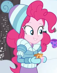 Size: 823x1052 | Tagged: safe, derpibooru import, screencap, pinkie pie, equestria girls, equestria girls series, holidays unwrapped, spoiler:eqg series (season 2), clothes, cropped, cute, female, food, gloves, mittens, saving pinkie's pie, smiling, snow, souffle, winter clothes, winter coat, winter hat