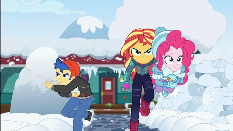 Size: 1920x1080 | Tagged: safe, derpibooru import, screencap, flash sentry, pinkie pie, sunset shimmer, equestria girls, equestria girls series, holidays unwrapped, spoiler:eqg series (season 2), boots, clothes, determined, female, gloves, hat, jacket, male, mittens, outdoors, ramekin, saving pinkie's pie, shoes, snow, snowball, snowball fight, souffle, toque, winter hat, winter outfit