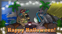 Size: 1192x670 | Tagged: safe, artist:cadetredshirt, derpibooru import, oc, earth pony, ghost, pegasus, pony, undead, backdrop, beach ball, beanie, cardboard cutout, clothes, female, flashlight (object), flower, food, ghost story, halloween, hat, hawaiian, hawaiian flower in hair, holiday, jack-o-lantern, lantern, luau, male, palm tree, pineapple, pumpkin, sitting, smiling, tree, two toned mane, two toned tail, vanhoover, vanhoover pony expo 2020, wings