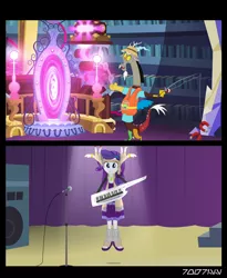 Size: 640x781 | Tagged: safe, derpibooru import, edit, edited screencap, editor:teren rogriss, screencap, discord, rarity, draconequus, equestria girls, rainbow rocks, what about discord?, crystal mirror, fishing rod, keytar, magnet, microphone, musical instrument, stage, twilight's castle
