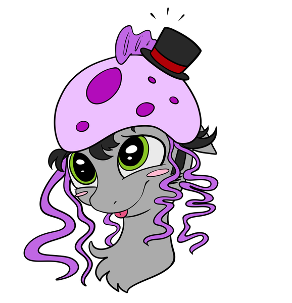 Size: 894x928 | Tagged: safe, artist:rinikka, derpibooru import, oc, oc:hatter, earth pony, jellyfish, pony, blushing, cute, green eyes, hat, male, man o'war, solo, stallion, top hat