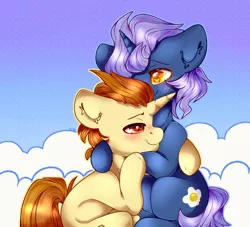 Size: 2200x2000 | Tagged: safe, artist:etoz, derpibooru import, golden crust, midnight snack (character), pony, unicorn, blushing, cloud, commission, cute, friendship student, gay, goldensnack, gradient background, happy, heart eyes, horn, hug, male, shipping, smiling, stallion, wingding eyes