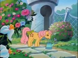Size: 772x577 | Tagged: bird, bow, cute, derpibooru import, flower, fugitive flowers, g1, garden, my little pony 'n friends, posey, poseybetes, safe, screencap, tail bow, watering can