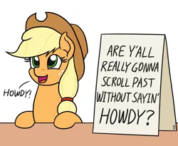Size: 1100x900 | Tagged: safe, artist:mkogwheel, derpibooru import, applejack, earth pony, pony, applejack's sign, bronybait, comment bait, cute, daaaaaaaaaaaw, dawwww, female, hnnng, howdy, jackabetes, leaning, looking up, mare, meme origin, open mouth, sign, simple background, smiling, solo, table, text, weapons-grade cute, white background, y'all