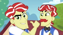 Size: 1600x900 | Tagged: safe, derpibooru import, screencap, flam, flim, equestria girls, equestria girls series, holidays unwrapped, spoiler:eqg series (season 2), bowtie, brothers, flim flam brothers, male, pointing, siblings, the cider louse fools, thumbs up