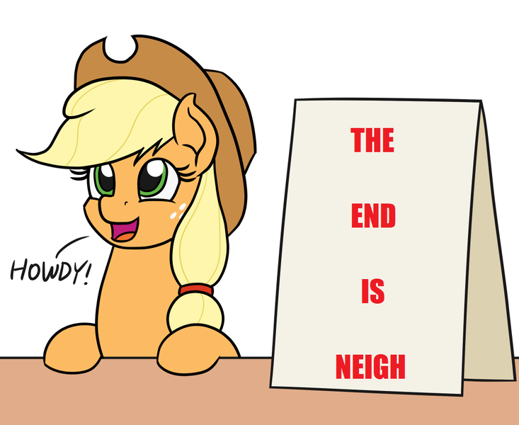 Size: 1100x900 | Tagged: safe, artist:mkogwheel, derpibooru import, edit, applejack, earth pony, pony, applejack's sign, bronybait, cute, dawwww, howdy, jackabetes, meme, neigh, sign, smiling, solo, the end is neigh, weapons-grade cute