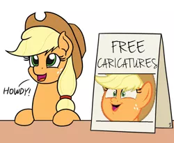 Size: 1100x900 | Tagged: safe, artist:mkogwheel, derpibooru import, edit, applejack, earth pony, pony, going to seed, applejack's hat, applejack's sign, caricature, cowboy hat, female, hair tie, hat, howdy, mare, meme, sign