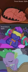 Size: 551x1392 | Tagged: safe, derpibooru import, edit, edited screencap, screencap, master kenbroath gilspotten heathspike, spike, spike (g1), dragon, my little pony 'n friends, somnambula (episode), the runaway rainbow, winter wrap up, cropped, cute, flower, g1, g1 to g4, g3, g3 to g4, g4, generation leap, male, mattress, pillow, sleep mask, sleeping, spikabetes, text