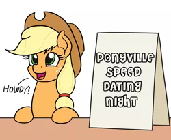 Size: 1100x900 | Tagged: safe, artist:mkogwheel, derpibooru import, edit, applejack, earth pony, pony, applejack's hat, applejack's sign, cowboy hat, female, hair tie, hat, howdy, implied shipping, mare, meme, sign, speed dating