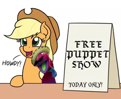 Size: 1100x900 | Tagged: safe, artist:mkogwheel, derpibooru import, edit, applejack, señor huevos, applejack's hat, applejack's sign, blackletter, cowboy hat, hat, howdy, meme, puppet, sign, text