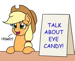 Size: 1100x900 | Tagged: safe, artist:mkogwheel, derpibooru import, edit, applejack, friendship is witchcraft, applejack's hat, applejack's sign, cowboy hat, hat, howdy, meme, sign, talk about eye candy, text