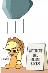 Size: 770x1165 | Tagged: safe, artist:mkogwheel, artist:philiptomkins, derpibooru import, edit, applejack, tom, applejack's hat, applejack's sign, cowboy hat, falling, female, hat, howdy, mare, meme, open mouth, smiling, text, this will end in pain