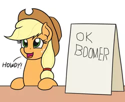 Size: 1100x900 | Tagged: safe, artist:mkogwheel, derpibooru import, edit, editor:chancemccoy, applejack, earth pony, pony, applejack's hat, applejack's sign, boomer, cowboy hat, female, hat, howdy, mare, meme, meta, ok boomer, sign, solo, text