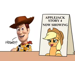 Size: 1100x900 | Tagged: safe, artist:mkogwheel, derpibooru import, edit, applejack, pony, applejack's hat, applejack's sign, bandana, clothes, cowboy hat, hat, howdy, meme, shirt, sign, toy story, woody