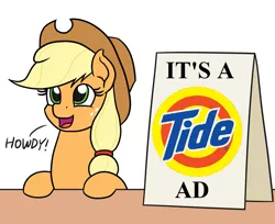 Size: 1100x896 | Tagged: safe, artist:mkogwheel, derpibooru import, edit, applejack, earth pony, pony, advertisement, applejack's hat, applejack's sign, cowboy hat, female, hat, howdy, it's a tide ad, mare, meme, sign, solo, tide