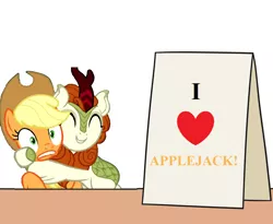 Size: 1100x900 | Tagged: safe, artist:mkogwheel, derpibooru import, edit, applejack, autumn blaze, earth pony, kirin, pony, applejack's hat, applejack's sign, autumnjack, cowboy hat, eyes closed, female, hat, hug, lesbian, meme, shipping, sign, smiling