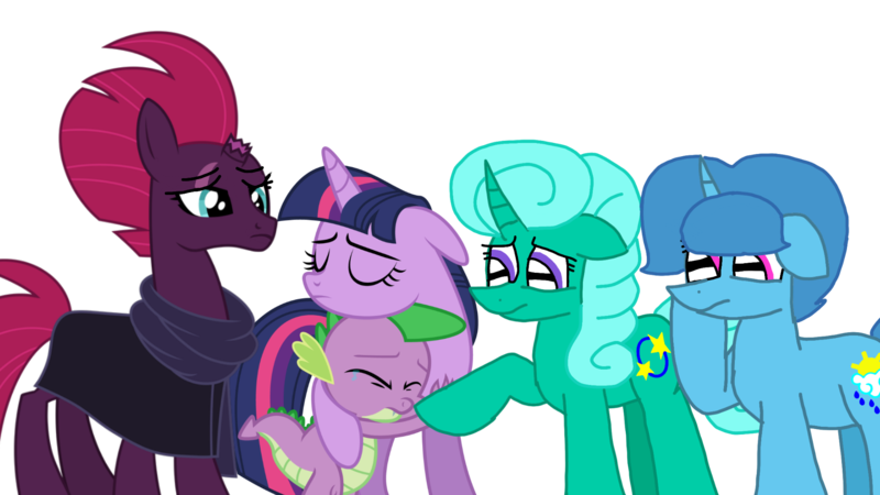 Size: 1920x1080 | Tagged: safe, artist:徐詩珮, derpibooru import, fizzlepop berrytwist, glitter drops, spike, spring rain, tempest shadow, twilight sparkle, twilight sparkle (alicorn), alicorn, unicorn, series:sprglitemplight diary, series:springshadowdrops diary, alternate universe, broken horn, clothes, crying, female, glitterlight, glittershadow, horn, lesbian, mare, polyamory, scarf, shipping, simple background, sprglitemplight, springdrops, springlight, springshadow, springshadowdrops, tempestlight, transparent background, vector