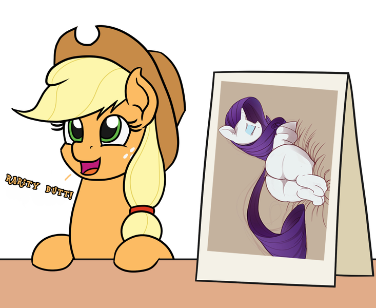 Size: 1100x900 | Tagged: suggestive, artist:mkogwheel, artist:yoditax, derpibooru import, edit, applejack, rarity, earth pony, pony, unicorn, anatomically incorrect, applejack's hat, applejack's sign, bed, brown background, butt, cowboy hat, dialogue, dialogue edit, dock, eyes closed, female, hat, implied lesbian, implied rarijack, implied shipping, incorrect leg anatomy, lesbian, mare, meme, plot, plump, prone, raised tail, rarijack, rearity, shipping, simple background, smiling, tail, thick